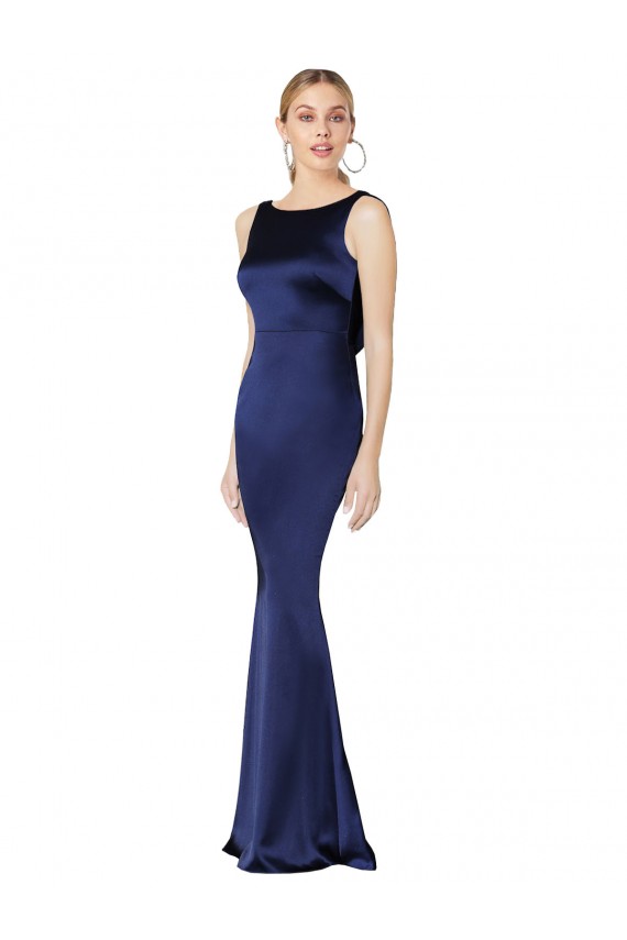 Purchase Long Sleeveless Halter Neck Sheath Stretch Satin Dark Navy Evening Dress Canada