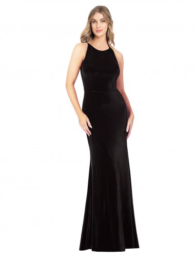 Purchase Long Sleeveless Spaghetti Straps Sheath Stretch Velvet Open Back Evening Dress Canada