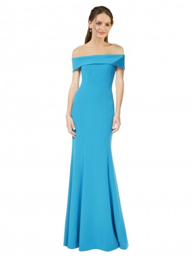 Purchase Long Sleeveless Off the Shoulder Sheath Peacock Blue Stretch Crepe Evening Dress Canada