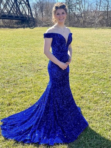 Purchase Sweep Train Sleeveless Off the Shoulder Sheath Velvet Sequin Evening Dress Canada