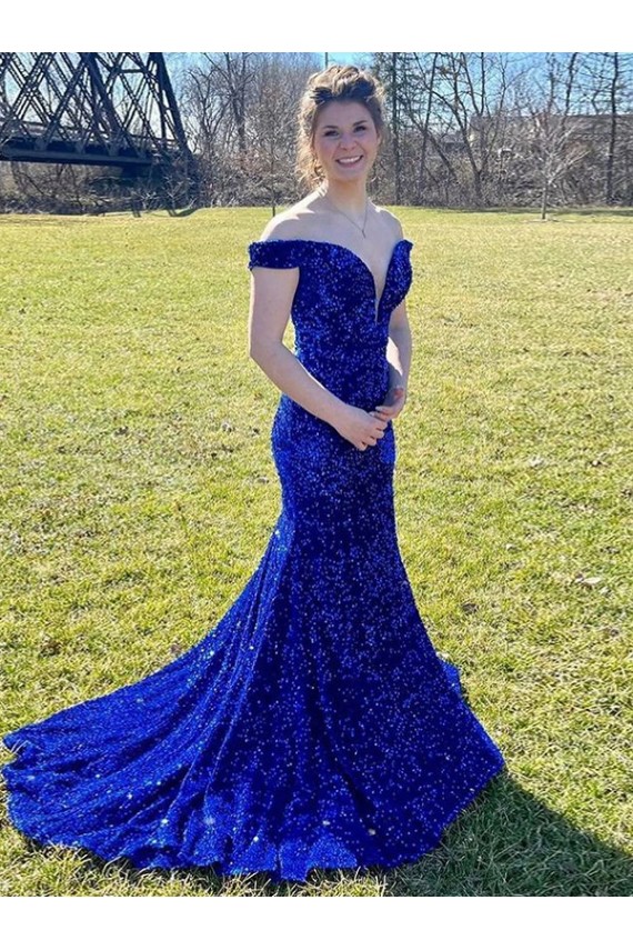 Purchase Sweep Train Sleeveless Off the Shoulder Sheath Velvet Sequin Evening Dress Canada