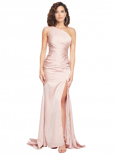 Purchase Long Sleeveless One Shoulder Sheath Silky Satin Pink Sexy Evening Dress Canada