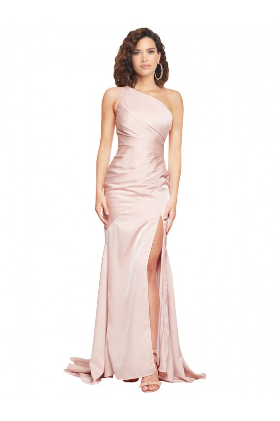 Purchase Long Sleeveless One Shoulder Sheath Silky Satin Pink Sexy Evening Dress Canada