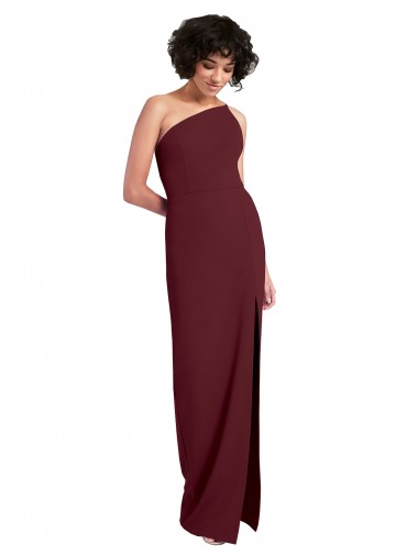 Purchase Long Sleeveless One Shoulder Sheath Stretch Crepe Burgundy Gold Evening Dress Canada