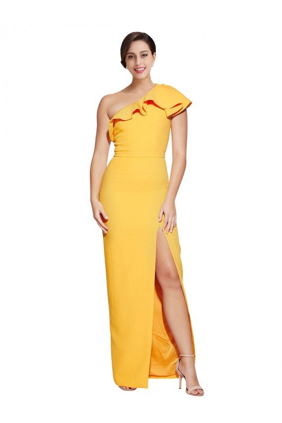 Purchase Long Sleeveless One Shoulder Sheath Stretch Crepe Saffron Evening Dress Canada