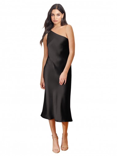 Purchase Midi Length Sleeveless One Shoulder Sheath Stretch Satin Black Evening Dress Canada