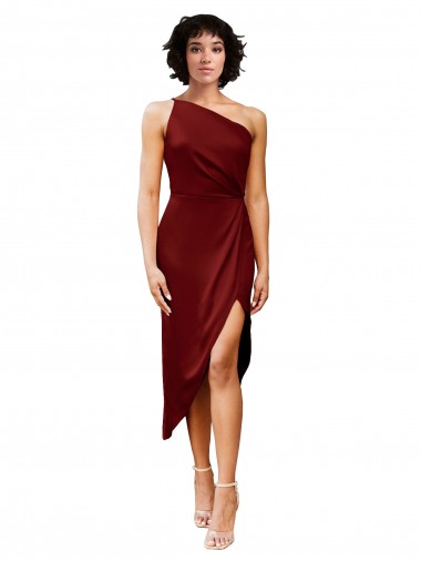 Purchase Midi Length Sleeveless One Shoulder Sheath Stretch Satin Burgundy Evening Dress Canada