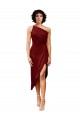 Purchase Midi Length Sleeveless One Shoulder Sheath Stretch Satin Burgundy Evening Dress Canada