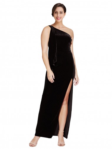 Purchase Long Sleeveless One Shoulder Sheath Stretch Velvet Black Evening Dress Canada