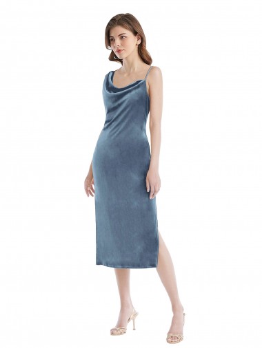 Purchase Long Sleeveless One Shoulder Sheath Stretch Velvet Dusty Blue Maxi Evening Dress Canada