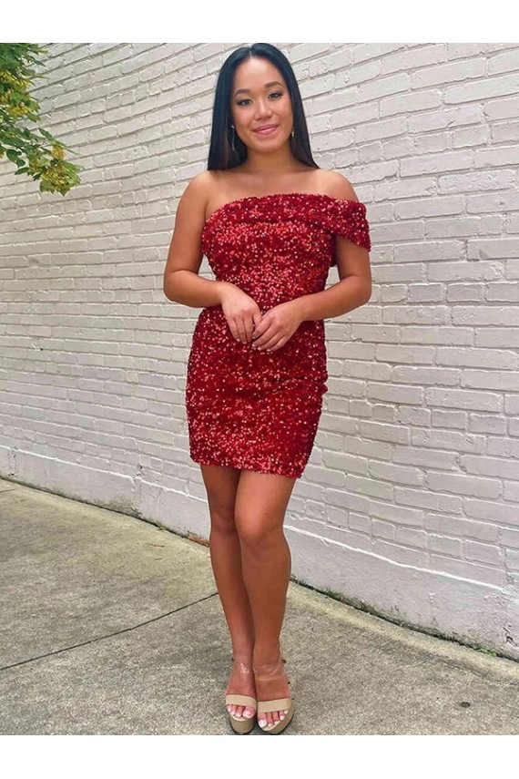 Purchase Short Sleeveless One Shoulder Velvet Sequin Homecoming Dress Canada