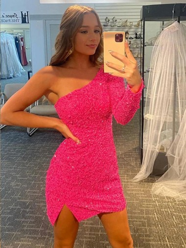 Purchase Short Long Sleeves One Shoulder Sheath Velvet Sequin Short Homecoming Dress Canada