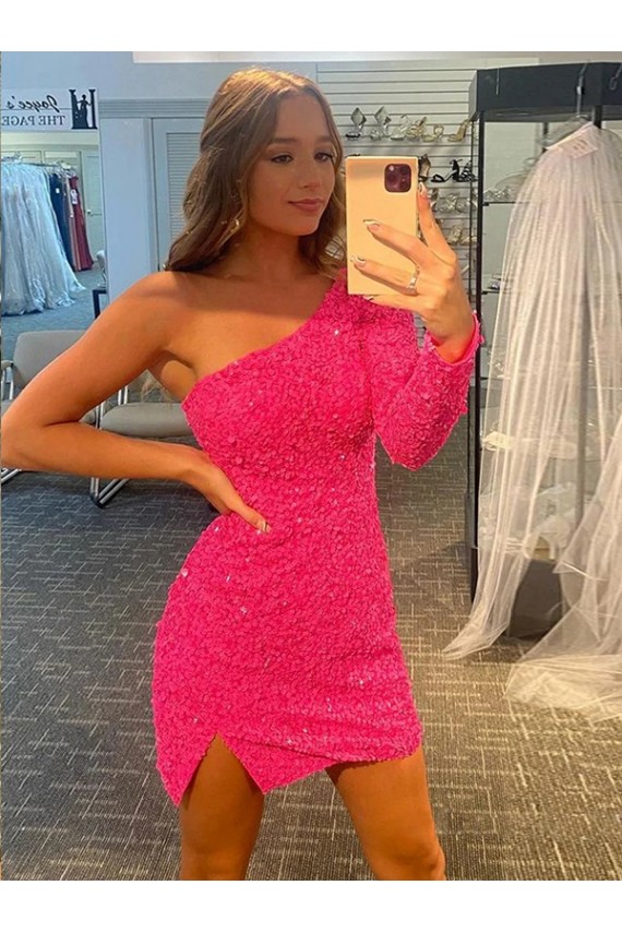 Purchase Short Long Sleeves One Shoulder Sheath Velvet Sequin Short Homecoming Dress Canada