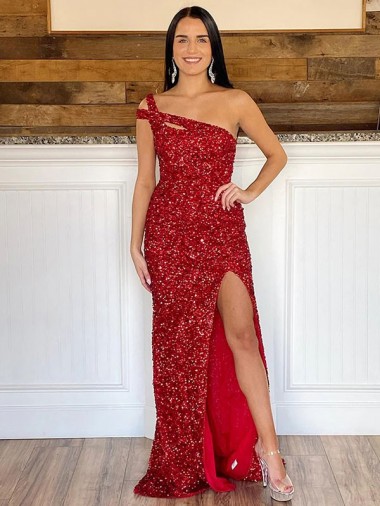 Purchase Sweep Train Sleeveless One Shoulder Sheath Long Velvet Sequin Evening Dress Canada