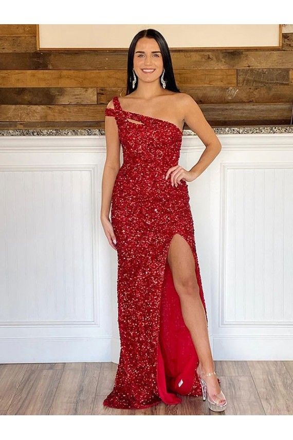 Purchase Sweep Train Sleeveless One Shoulder Sheath Long Velvet Sequin Evening Dress Canada