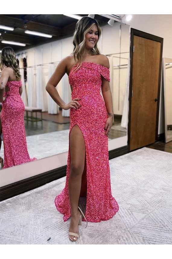 Purchase Sweep Train Sleeveless One Shoulder Sheath Velvet Sequin Sexy Evening Dress Canada