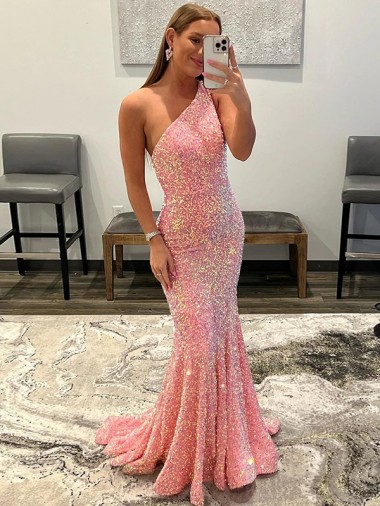 Purchase Sweep Train Sleeveless One Shoulder Sheath Velvet Sequin Semi Formal Evening Dress Canada