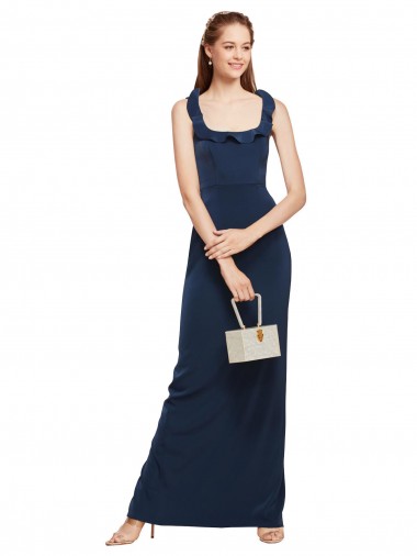 Purchase Long Sleeveless Scoop Neck Sheath Stretch Crepe Dark Navy Evening Dress Canada