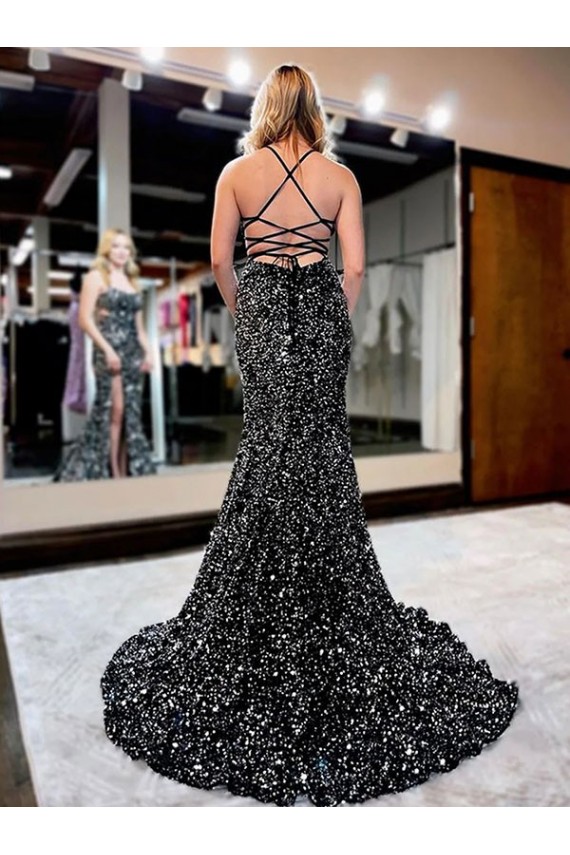 Purchase Sweep Train Sleeveless Spaghetti Straps Sheath Velvet Sequin Evening Evening Dress Canada