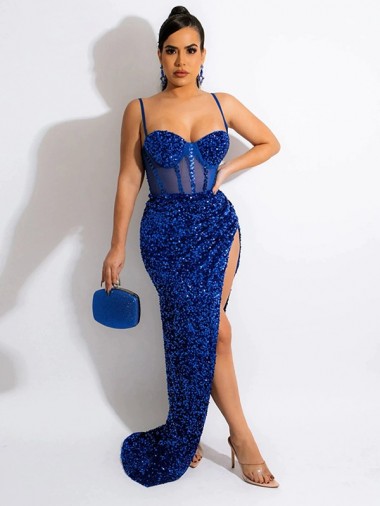Purchase Sweep Train Long Sleeveless Spaghetti Straps Sheath Velvet Sequin Evening Dress Canada