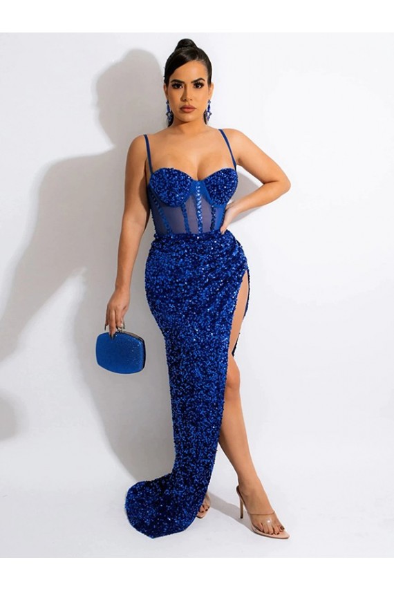 Purchase Sweep Train Long Sleeveless Spaghetti Straps Sheath Velvet Sequin Evening Dress Canada