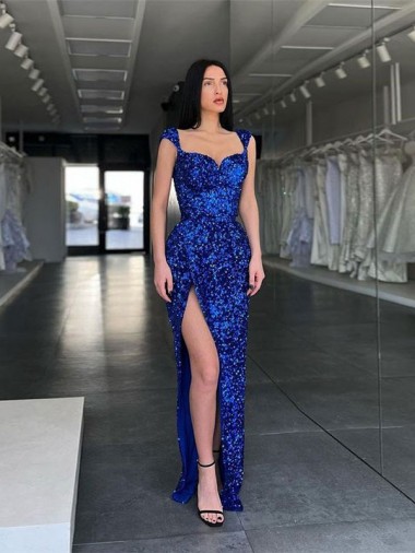 Purchase Sweep Train Sleeveless Spaghetti Straps Sheath Velvet Sequin Evening Dress Canada