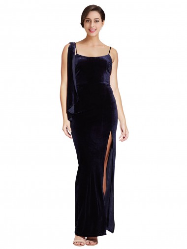 Purchase Long Sleeveless Spaghetti Straps Sheath Stretch Velvet Dark Navy Evening Dress Canada