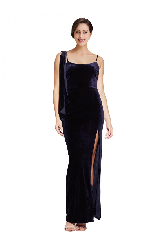 Purchase Long Sleeveless Spaghetti Straps Sheath Stretch Velvet Dark Navy Evening Dress Canada