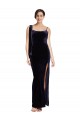 Purchase Long Sleeveless Spaghetti Straps Sheath Stretch Velvet Dark Navy Evening Dress Canada