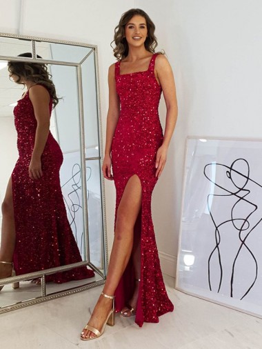 Purchase Long Sleeveless Square Neck Sheath Velvet Sequin Evening Dress Canada