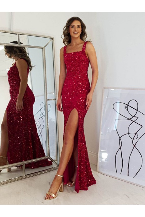 Purchase Long Sleeveless Square Neck Sheath Velvet Sequin Evening Dress Canada