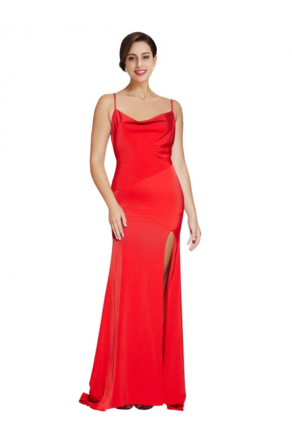 Purchase Long Sleeveless Cowl Neck Sheath Stretch Satin Evening Dress Canada