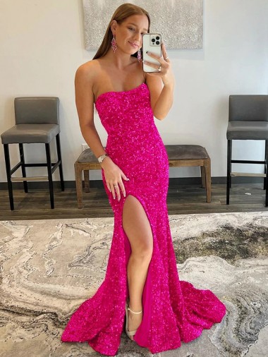 Purchase Sweep Train Sleeveless Strapless Sheath Velvet Sequin High Slit Evening Dress Canada