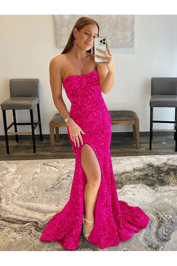Purchase Sweep Train Sleeveless Strapless Sheath Velvet Sequin High Slit Evening Dress Canada