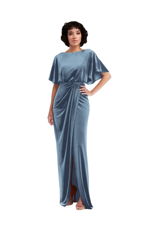 Purchase Long Flutter Sleeves Sheath Stretch Velvet Maxi Evening Dress Canada
