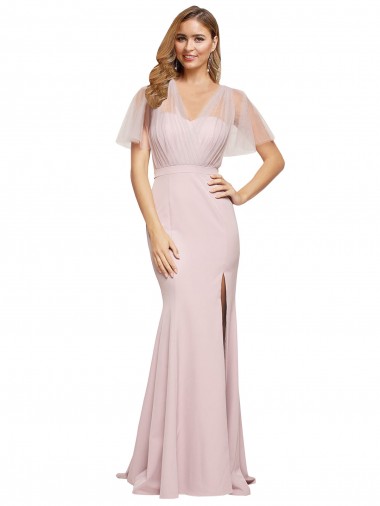 Purchase Long Short Sleeves One Shoulder Sheath Stretch Crepe & Tulle Evening Dress Canada