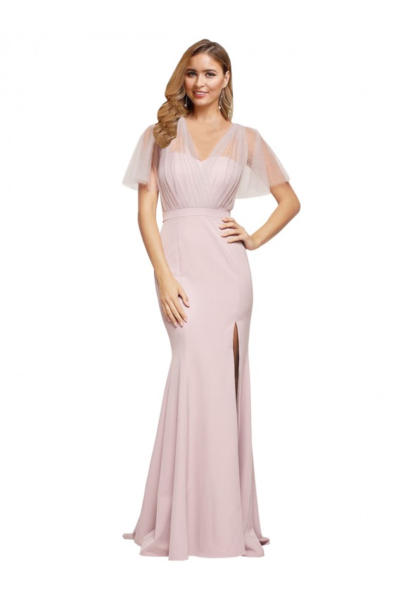 Purchase Long Short Sleeves One Shoulder Sheath Stretch Crepe & Tulle Evening Dress Canada
