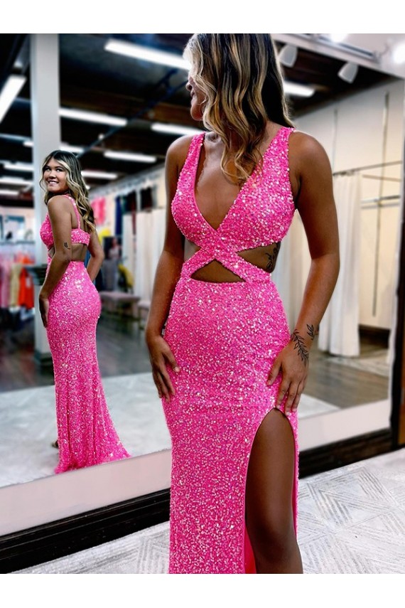 Purchase Long Sweep Train Sleeveless V-Neck Sheath Velvet Sequin Evening Party Dress Canada