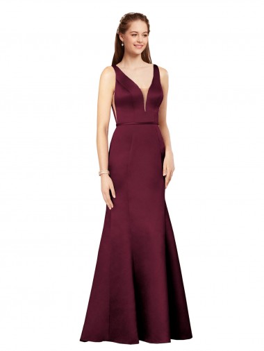 Purchase Long Sleeveless V-Neck Sheath Satin Burgundy Evening Dress Canada