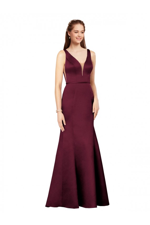 Purchase Long Sleeveless V-Neck Sheath Satin Burgundy Evening Dress Canada
