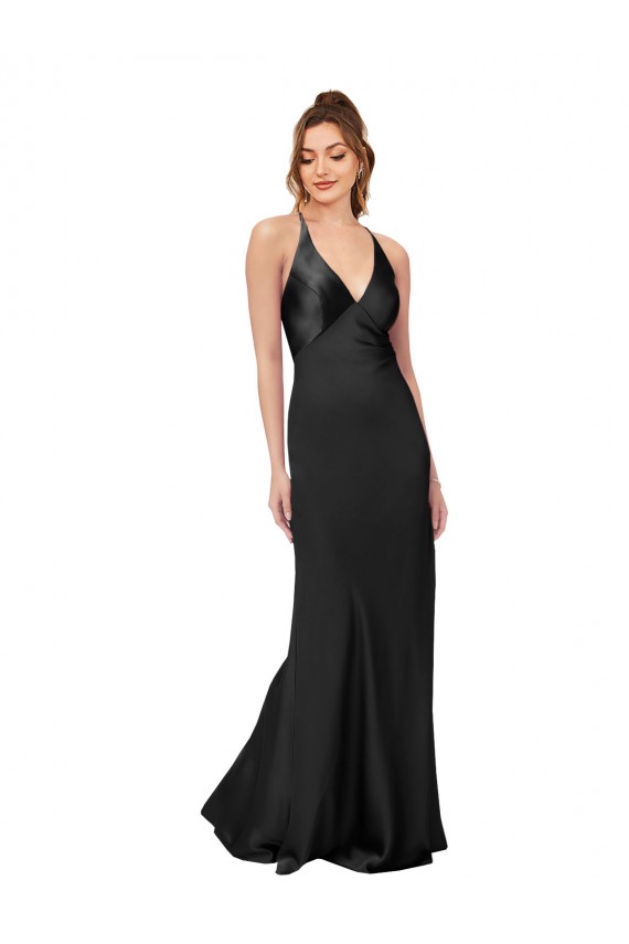 Purchase Long Sleeveless V-Neck Sheath Silky Satin Black Evening Dress Canada