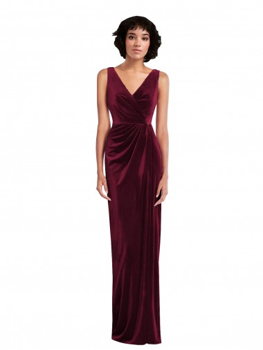 Purchase Long Sleeveless V-Neck Sheath Stretch Velvet Burgundy Maxi Evening Dress Canada