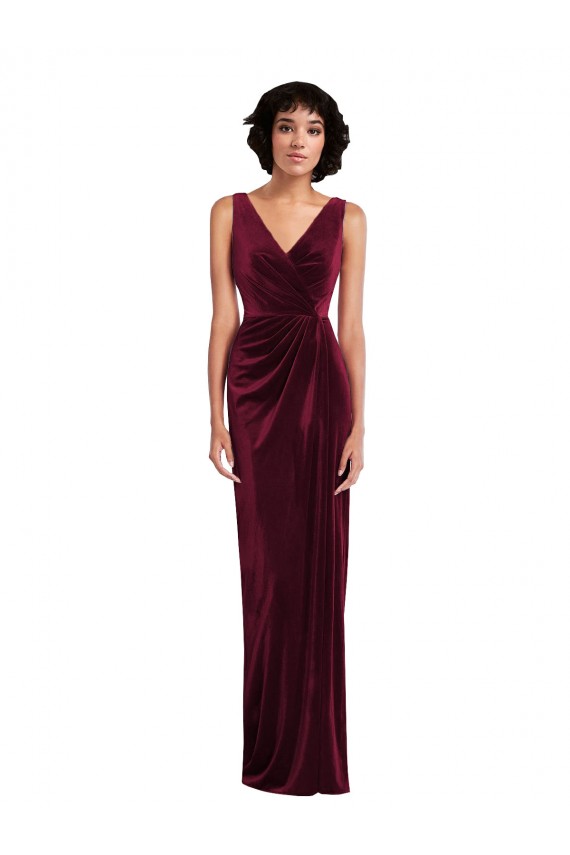 Purchase Long Sleeveless V-Neck Sheath Stretch Velvet Burgundy Maxi Evening Dress Canada