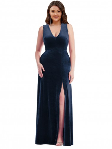 Purchase Long Sleeveless V-Neck Sheath Stretch Velvet Dark Navy Maxi Evening Dress Canada