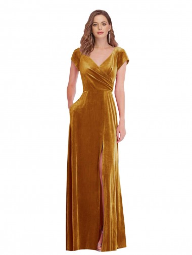 Purchase Long Cap Sleeves V-Neck Sheath Stretch Velvet Maxi Evening Dress Canada