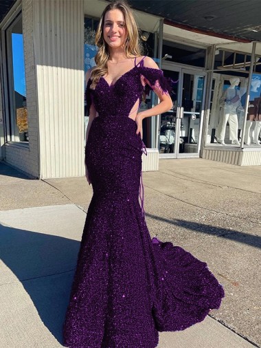 Purchase Court Train Sleeveless Spaghetti Straps Sheath Velvet Sequin Evening Dress Canada