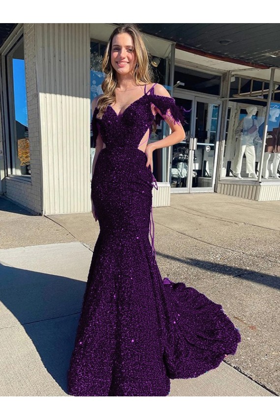 Purchase Court Train Sleeveless Spaghetti Straps Sheath Velvet Sequin Evening Dress Canada