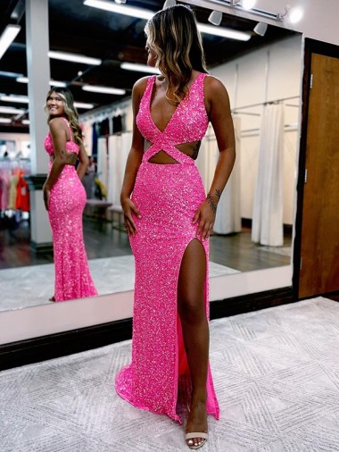 Purchase Long Sweep Train Sleeveless V-Neck Sheath Velvet Sequin Evening Party Dress Canada