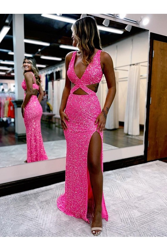 Purchase Long Sweep Train Sleeveless V-Neck Sheath Velvet Sequin Evening Party Dress Canada