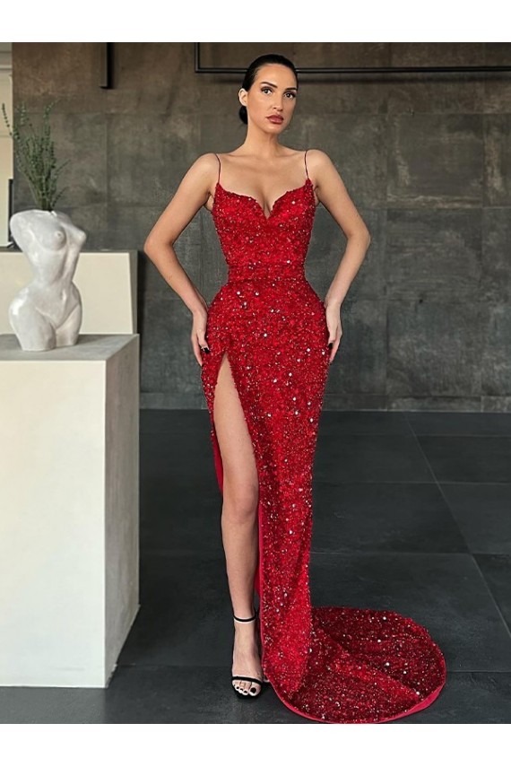 Purchase Sweep Train Sleeveless V-Neck Sheath Velvet Sequin Long Evening Dress Canada